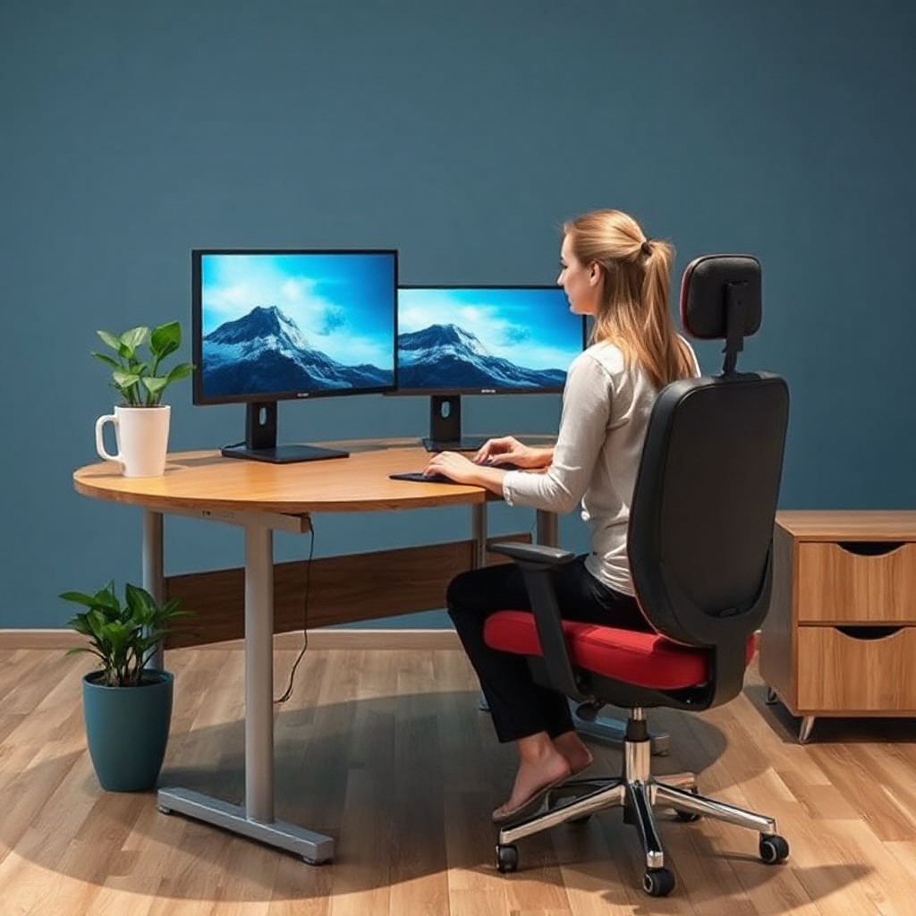 Ergonomické pracovní místo s nastavitelnou židlí a monitorem ve výši očí