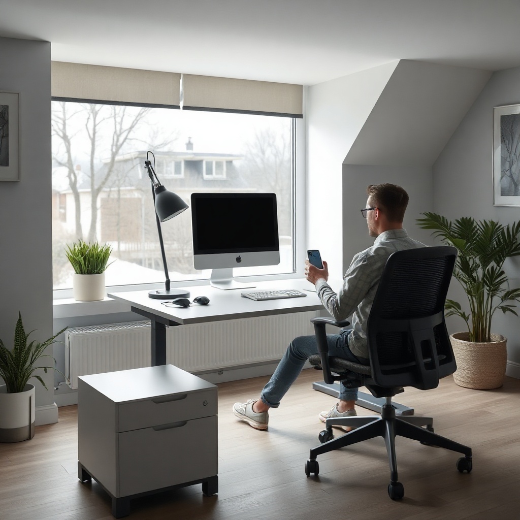 Domácí pracovna s ergonomickým křeslem a osobou protahující se u stolu
